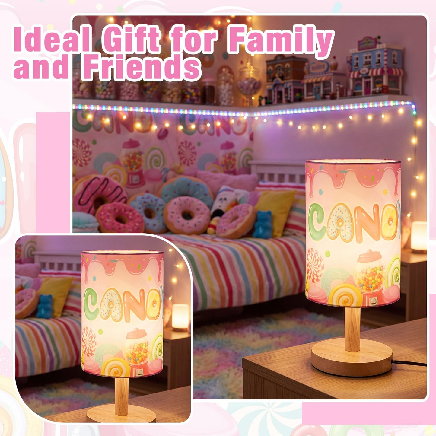 Tujoe Kids Table Lamp Candyland Theme Bedside Lamp with Fabric Shade, Cute Candy Lollipop Doughnut Nursery Night Light for Girls Boys Bedroom, Children's Reading Desk Lamps for Gift