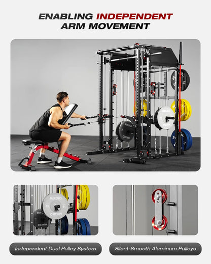 Mikolo Smith Machine, Multi-Function Power Cage with Dual Pulley System, Vertical Leg Press Attachment, Squat Rack Power Rack with More Training Attachment for Home Gym (M10 with Pivot Arm)