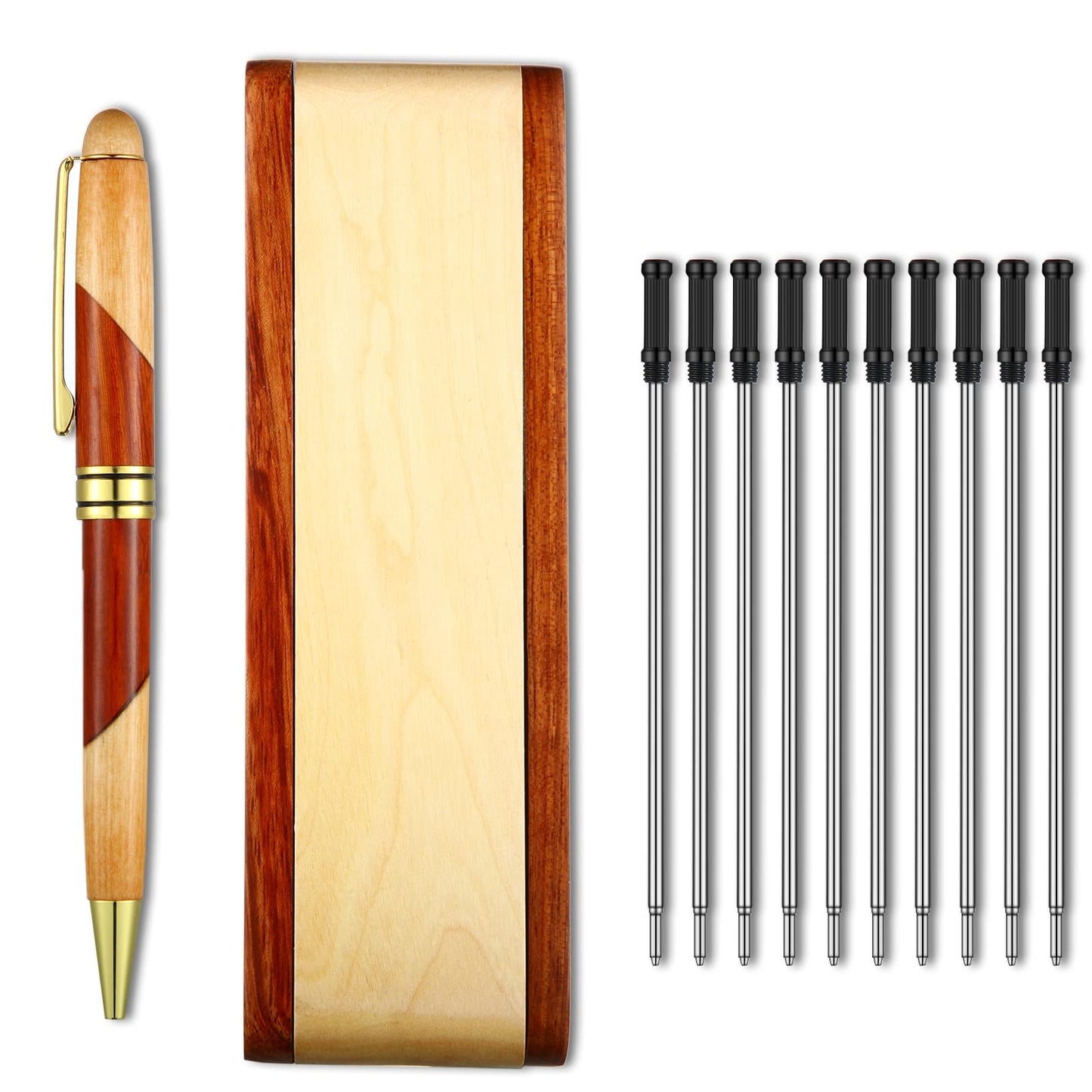 Outus Wooden Ballpoint Pens Employee Appreciation Gifts for Men with Business Pen Case Display, Personalized Handmade Writing Pen with 10 Gel Ink Refills and Box for Business Wood Pens Stand for Men