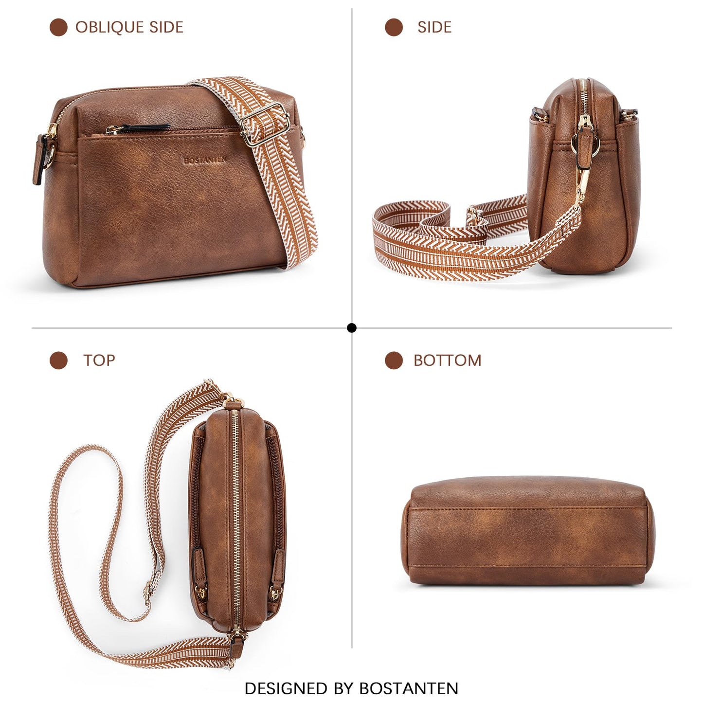 BOSTANTEN Small Crossbody Purse for Women Triple Zip Cell Phone Leather Shoulder Handbag with Wide Guitar Strap Brown