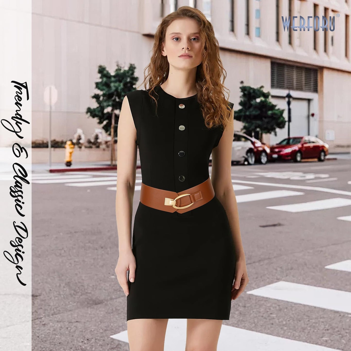 WERFORU Women Wide Elastic Belt Women Fashion Wide Belt with Gold Buckle Ladie Thick Waistbelt for Dresses