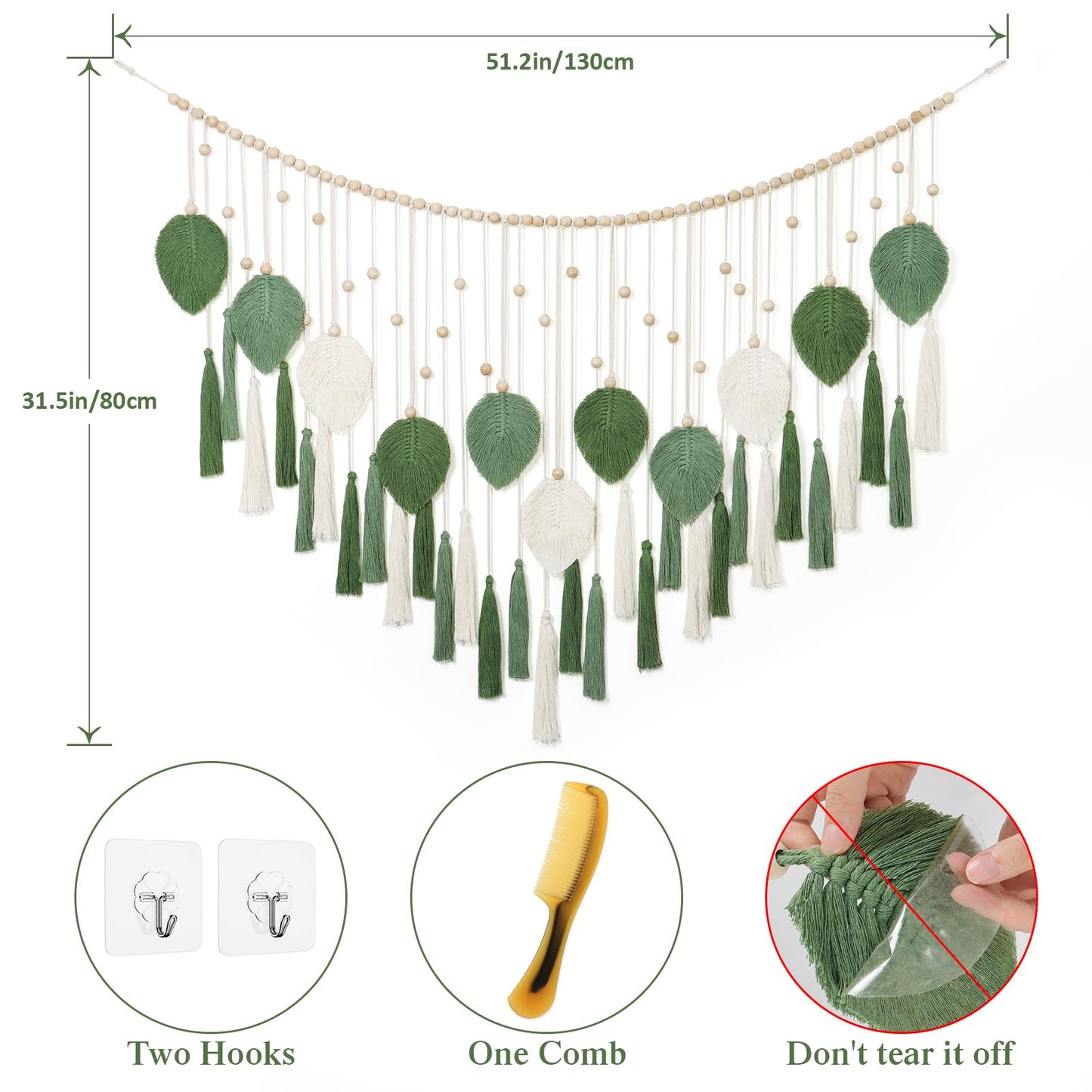 Betylifoy Large Macrame Wall Hanging Boho Handmade Woven Tapestry with Wood Beads Beige Green Chic Leaf Feather Boho Wall Art Decor Macrame Tapestry Wall Decor for Bedroom Living Room Nursery Apartment 51.2"W X 31.5"L