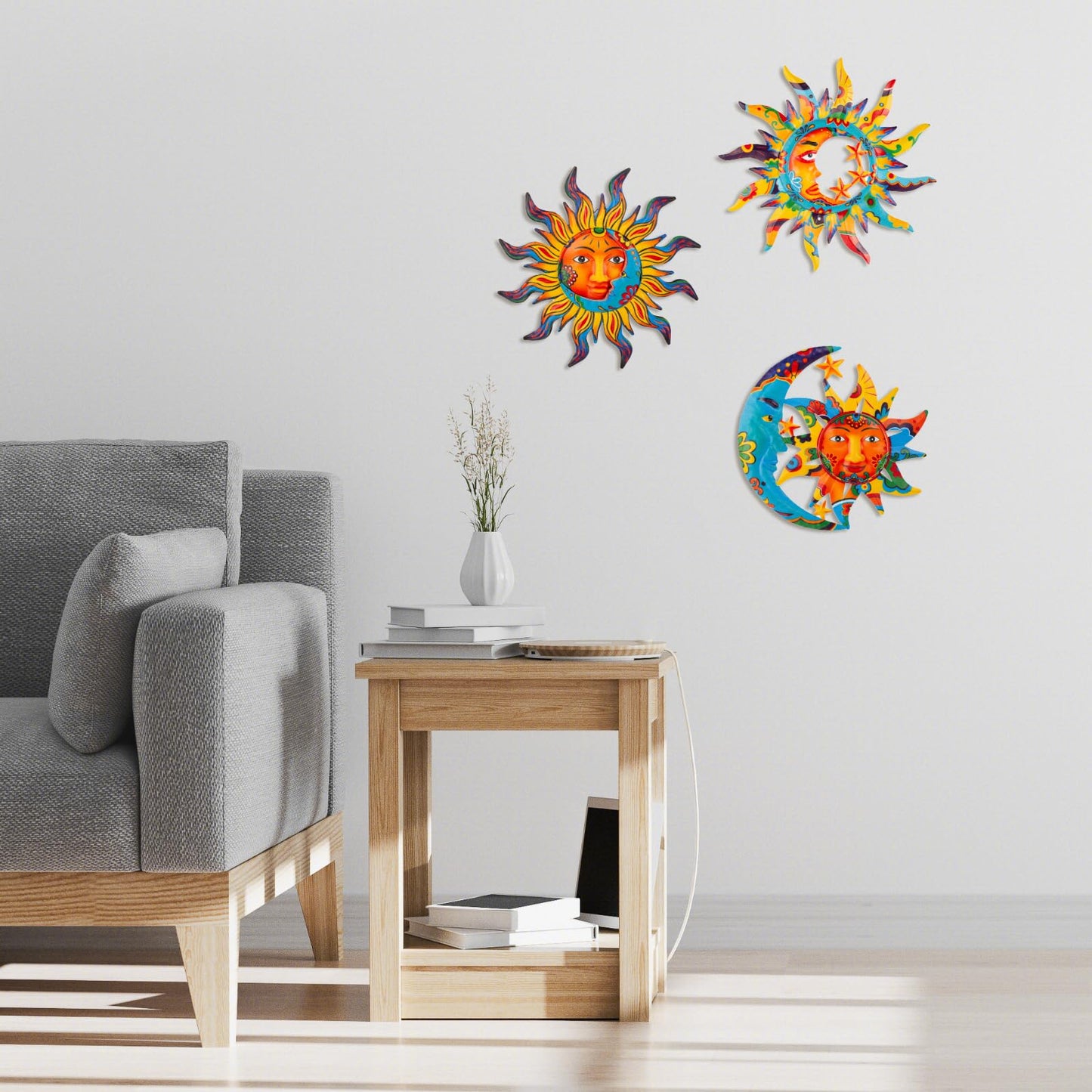 dreamskip 3 Pack Sun and Moon Wall Decor, Hanging Sun Moon & Stars Metal Wall Art, Sun Face Outdoor Wall Decor for Garden Fence Patio Yard Living Room Bedroom Decorations