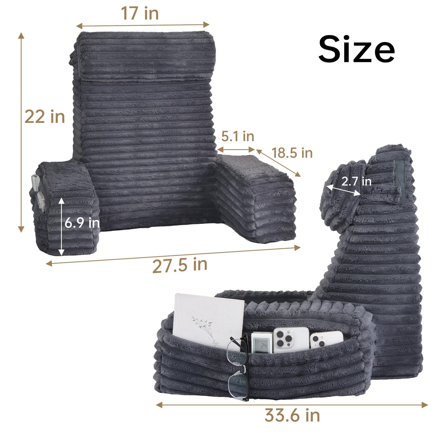 ENITYA 22" XL Back Pillow for Bed Sitting Up, Reading Pillow with Armrests & Big Pockets, Soft Back Support Chair, Ideal for Watching TV, Gaming, Nursing, Resting, Post Surgery, Dark Grey