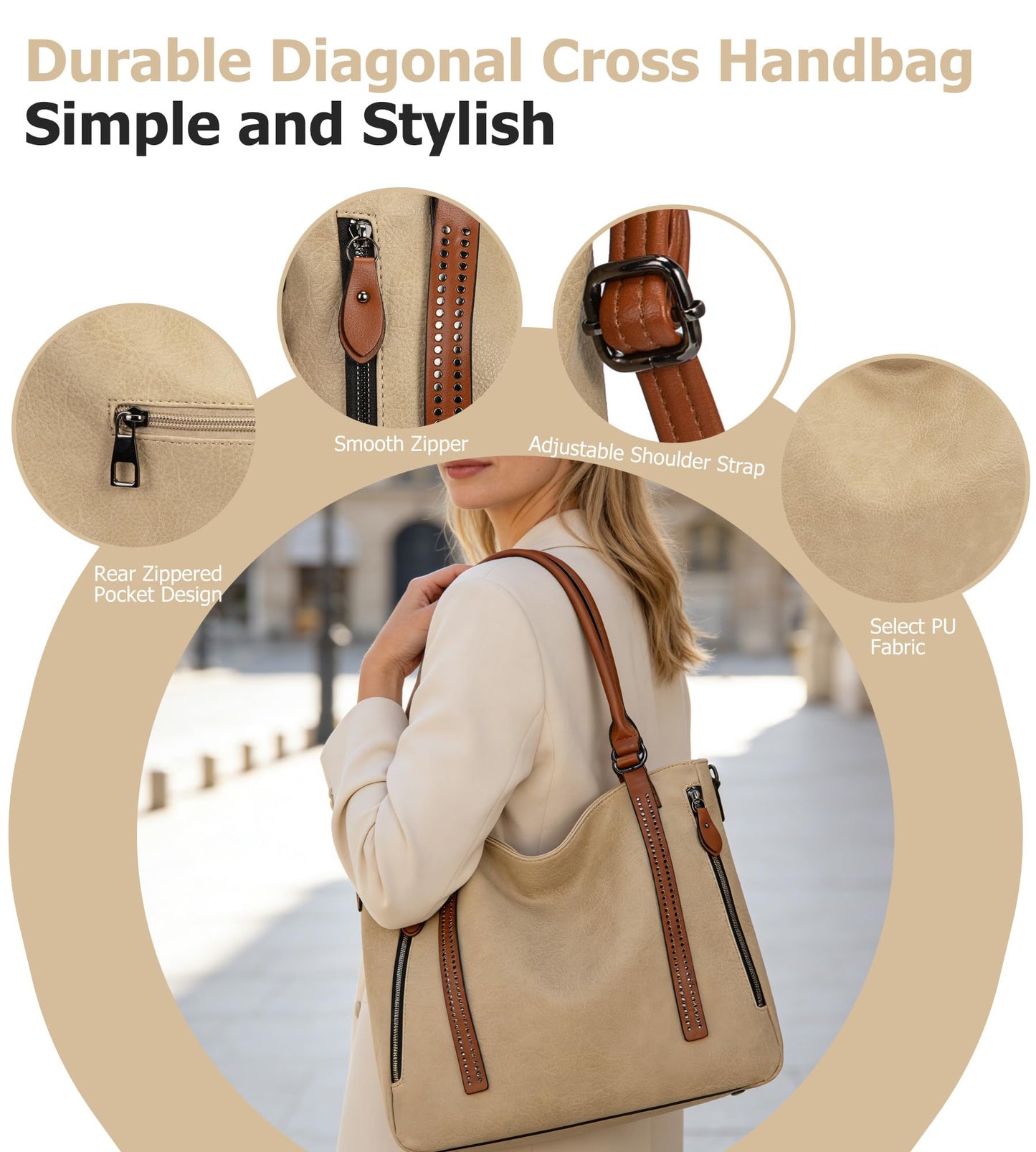 myfriday Vintage Slouchy Tote Bag for Women, Large Vegan Leather Hobo Shoulder Bag Satchel Purse with Adjustable Strap (Apricot)