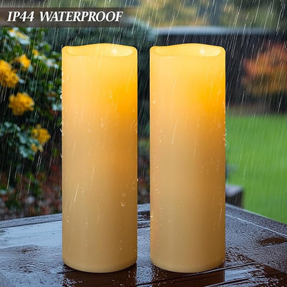 4" x 14" Ivory Large Waterproof Outdoor Flameless Candles Battery Operated LED Flickering Pillar Candles with Remote and Timer for Indoor Outdoor Lanterns, Long Lasting, Set of 2