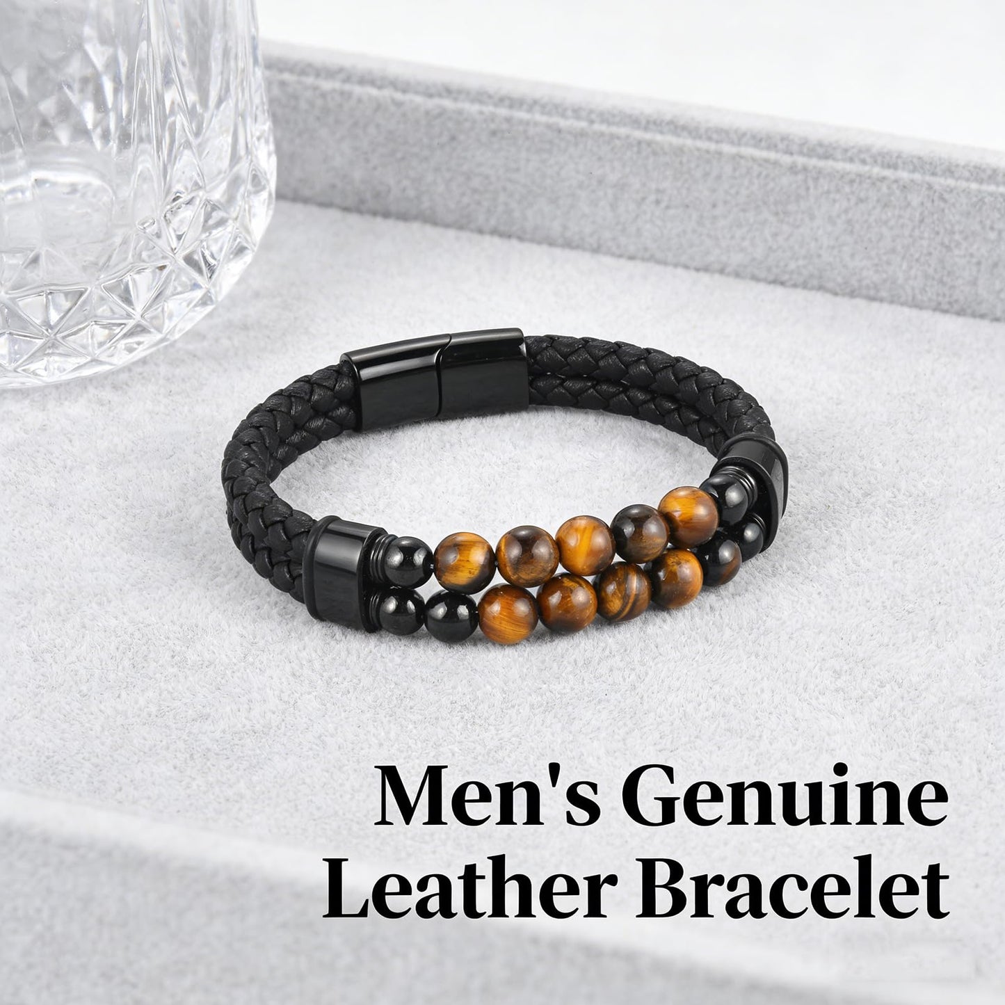 Genuine Leather Bracelet for Men - Stackable Bracelets Best Gifts for Him, Husband, Dad, Boyfriend | Birthday Gift, Fathers Day Present, 316L Surgical Stainless Steel Clasp, Fits Wrists 7.8"-8.3"