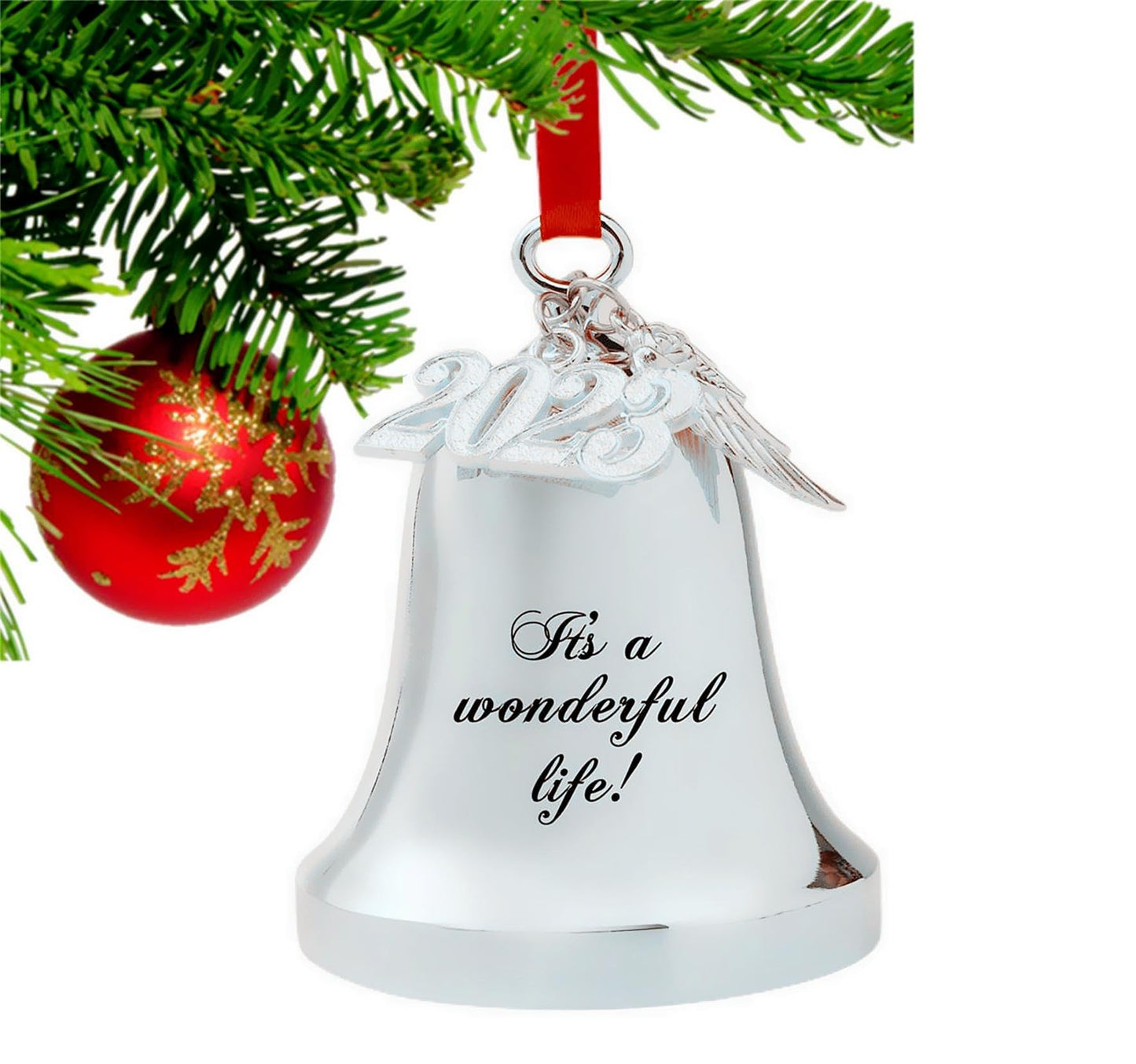 FKOG 2026 It's A Wonderful Life Christmas Bell Ornament, Silver Christmas Tree Bell and Sleigh Bell Ornament Decoration Gifts with Angel Wing Charm (It's a Wonderful Life Bell)