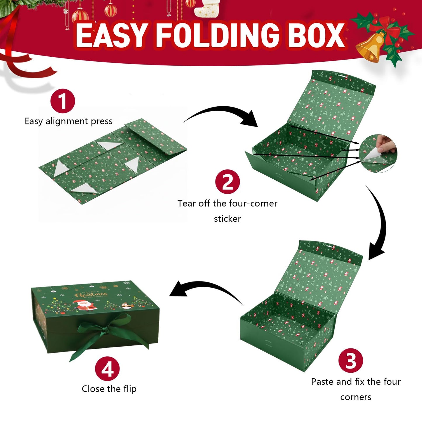 Dimore Christmas Magnetic Gift Boxes with Lids, Collapsible Hardboard Gift Packaging, Red & Green Holiday Boxes for Presents, 4 Pack (Multiple Sizes) (4Pack Christmas 9.5"*6.9"*4.2")