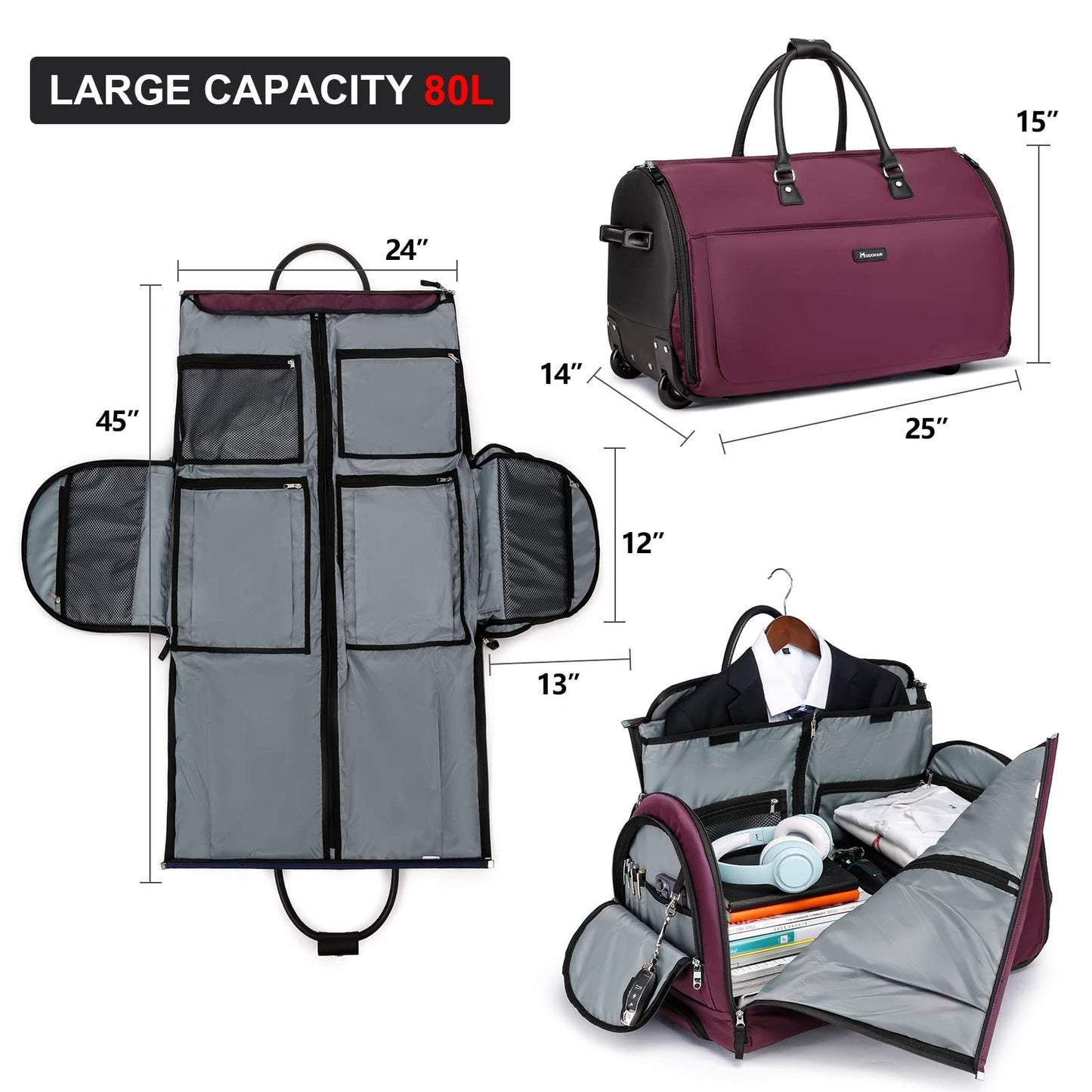 Modoker Rolling Garment Bags, Large Garment Duffle Bag with Wheels, 3 in 1 Garment Suit Luggage Bag for Women Men Business Travel Weekender, Red