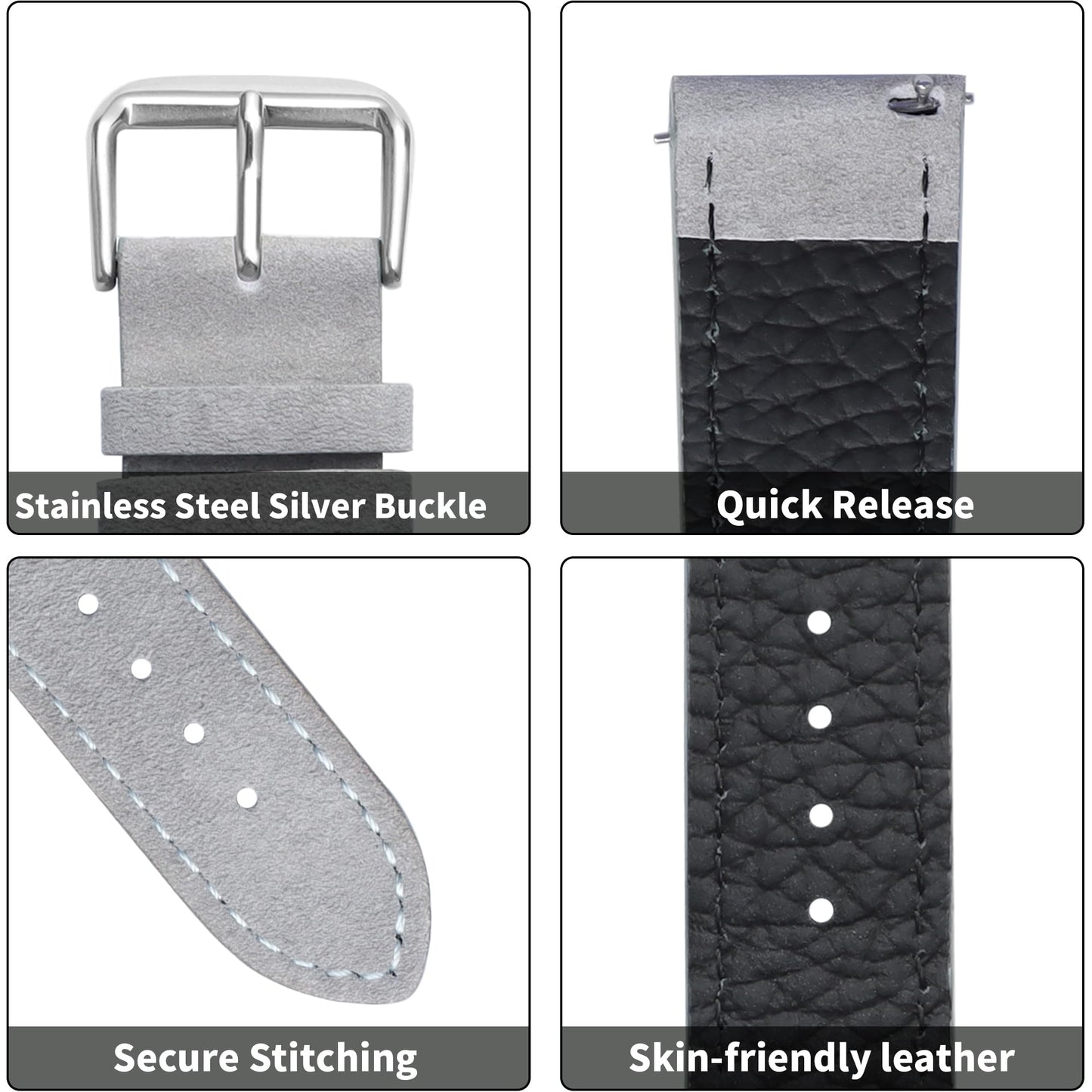 JUNGHELE Suede Leather watch bands for men and women, Quick Release leather watch strap with Silver Buckle watch leather strap, Grey 22mm watch band WBG0206