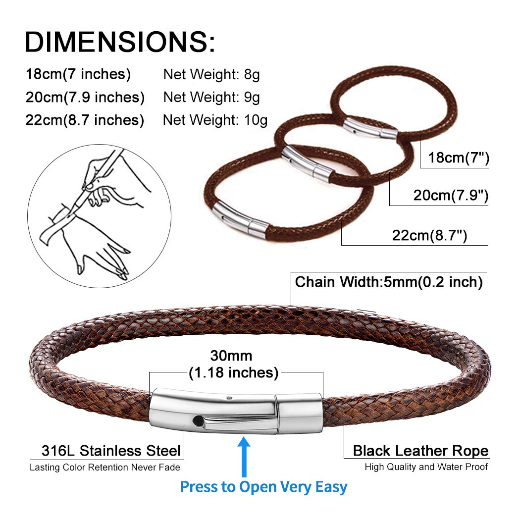 Brown Leather Bracelet for Women Waterproof Braided Wax Rope Chain Bangle 5mm 7.9 Inch Men Boyfriend Christmas Birthday