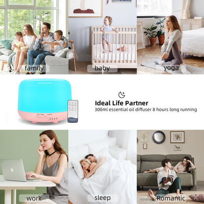 Oil Diffuser Humidifier 300ML,Electric Ultrasonic Air Aroma Diffusers Vaporizer,Scent Mist Defuser with Remote,Auto-Off,7led Color Changing Light for Large Bed Room,Home,Office