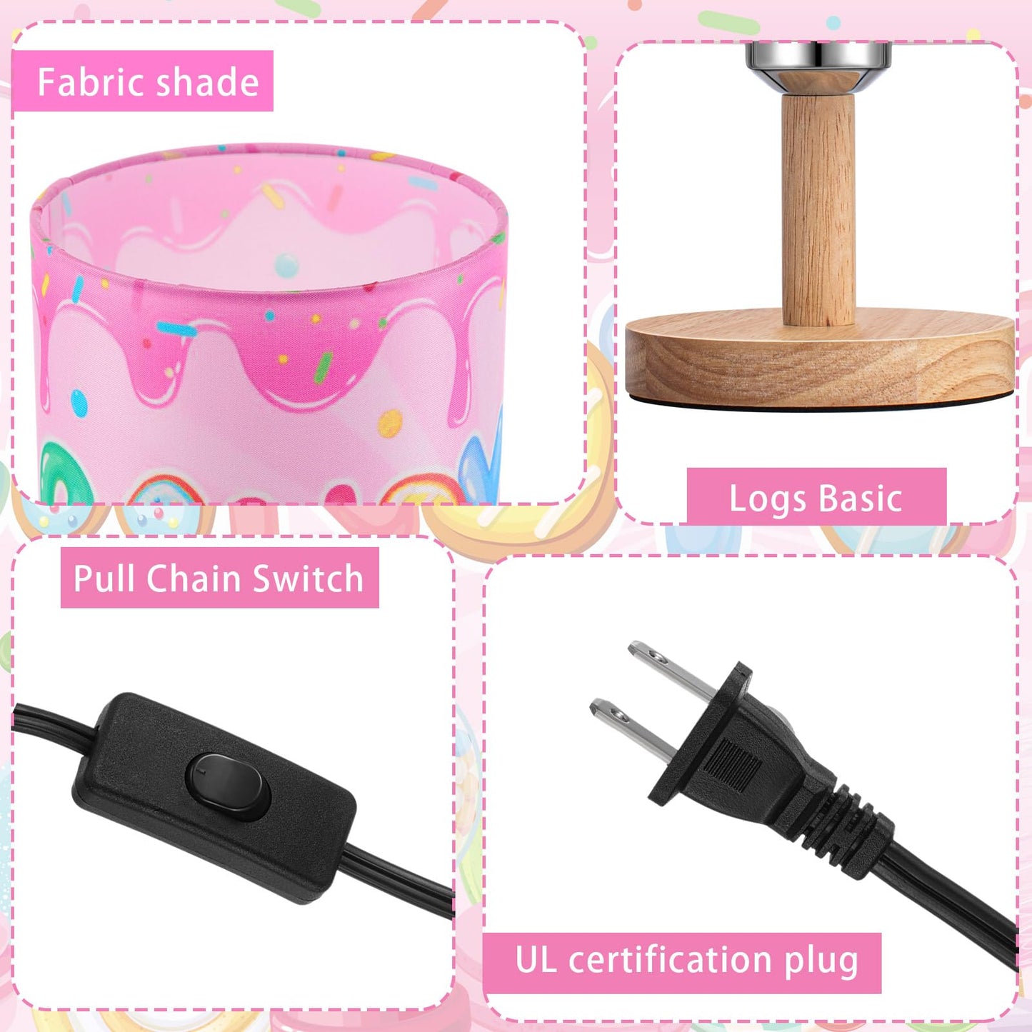Tujoe Kids Table Lamp Candyland Theme Bedside Lamp with Fabric Shade, Cute Candy Lollipop Doughnut Nursery Night Light for Girls Boys Bedroom, Children's Reading Desk Lamps for Gift