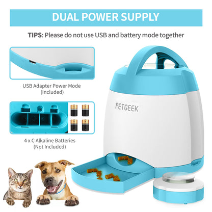PETGEEK Automatic Dog Treat Dispenser with Button - Puzzle Memory Training Feeder, Pet Geek Button Treat Food Dispensing Toys Interactive, Iq Training Dog Feeder (Blue)