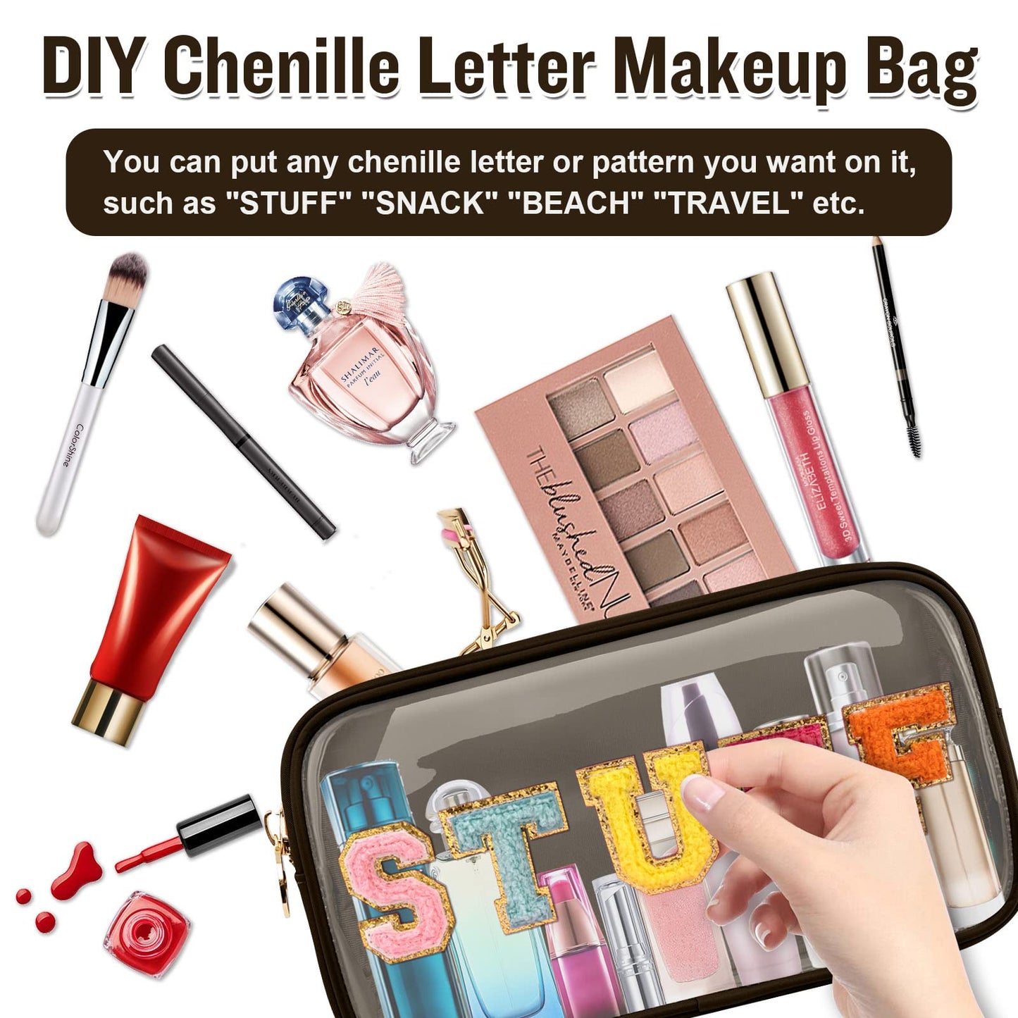 Small Clear Travel Makeup Organizer Bag for Purse, Cute Black Makeup Bag Preppy Cosmetic Zipper Pouch Purse, Transparent PVC & Nylon Toiletry Bag Clutch Makeup Brush Bag Storage for Women Girls(Brown)