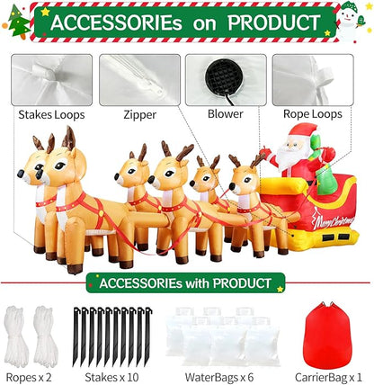 DomKom 13.6 FT Christmas Inflatable Outdoor Santa Claus on Sleigh with Six Reindeer, Building LED Lights, Blow Up Yard Decoration for Party Garden Lawn Winter Decor