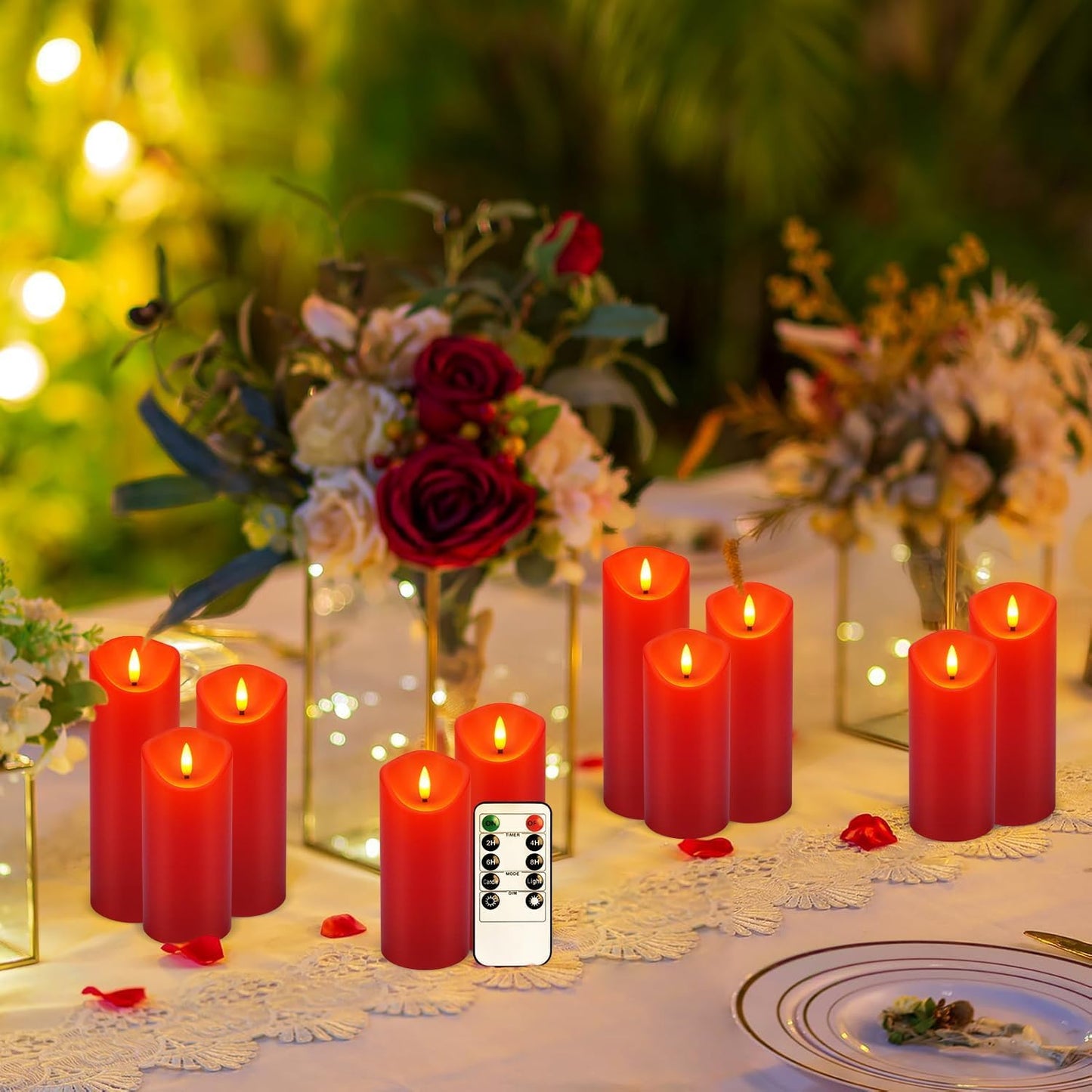YOROXRG 24 Pack Christmas Decoration Flickering Flameless Candles,LED Candles Battery Operated Pillar Candles with Remote Control.for New Year, Home Decor, Parties,Wedding(D2.2 xH 5" 6" 7" Red)