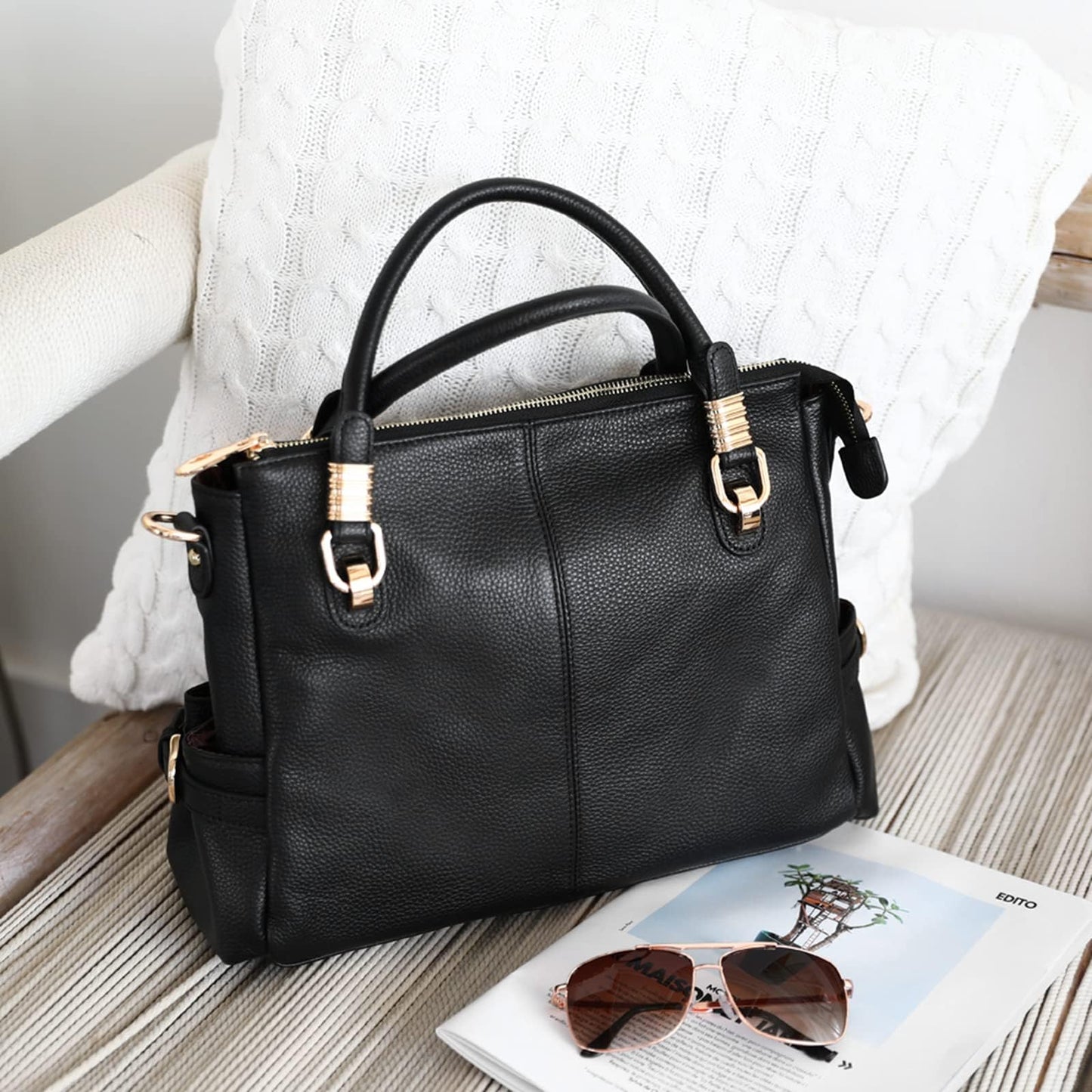 Kattee Soft Women Genuine Leather Purses and Handbags Satchel Tote Shoulder Bag (Black)