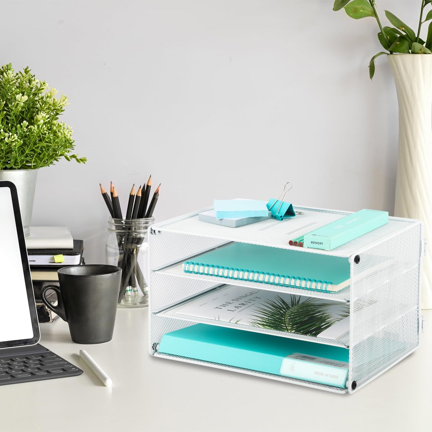 EASEPRES 3 Tier Mesh Desk Organizer Tray, Desktop Mail File Paper Letter Folder Holder Sorter Organization Rack Storage Accessories for Office Home School Classroom, White