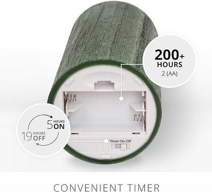 Luminara Selenite Looking Flameless Candle, Holiday Green 3" x 6.5", Battery Operated Real Wax Moving Flame LED Pillar w/Timer, Home Decor Unscented