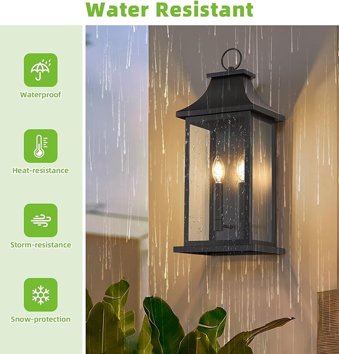 tewei 18'' Large Outdoor Wall Light, Porch Light Outdoor Wall Sconce Lantern, 2-Light Black Exterior Lighting Fixture Wall Mount, Outside Light for House Garage, 2-Pack