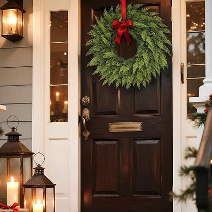 24" Real Touch Christmas Cedar Wreath - Artificial Cedar Wreaths Faux Green Fake Pine Needles Wreath for Front Door, Wall, Windows, Home,Outdoor,Xmas Decor