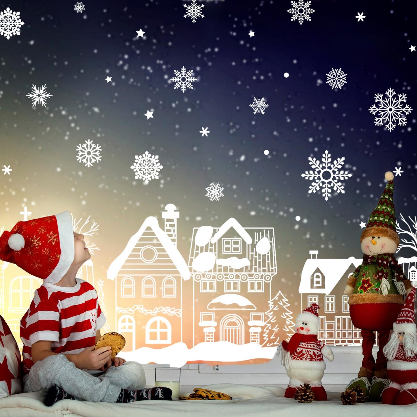 JarThenaAMCS 13.8 * 35.4'' Extra Large Christmas Window Clings 4 Sheets White House Snowflake Xmas Tree Window Stickers Double-Sided Glass Decals for Winter Xmas Home Classroom Office Party Decoration