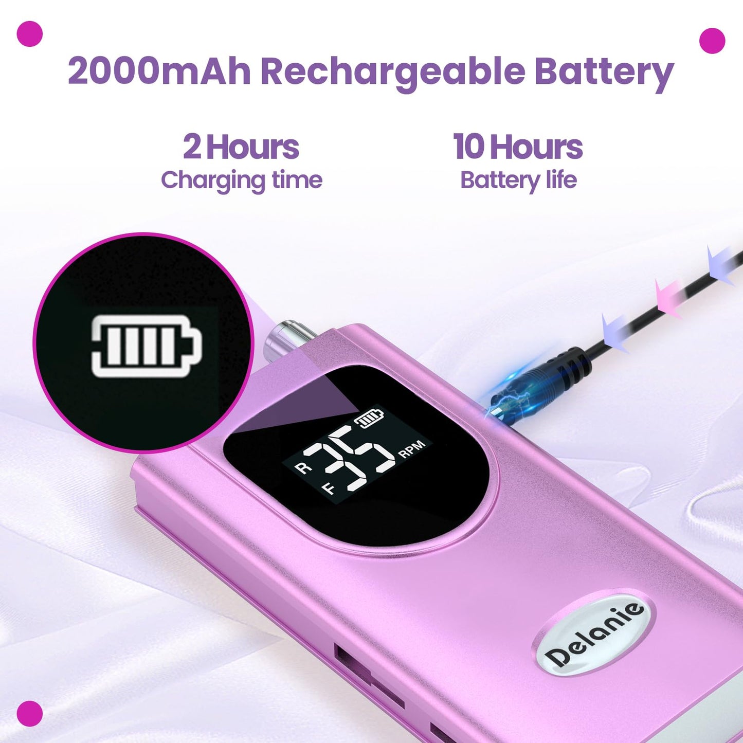 Delanie Professional Nail Drill High Torque 35000 RPM Rechargeable Portable Electric Nail File Filer for Acrylic Gel with Cuticle Bits, Salon Manicure Tool, Purple