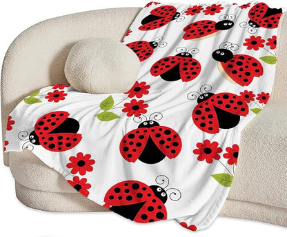 Ladybug Blanket, Lady Bug Cartoon Throw Blankets, Flower Green Leaves Fuzzy Plush Blanket Ultra Soft for Animal Lover Gift Kids Teens Women Men Girls Boys Stuff Decor for Bedding Sofas Couchh 80"X60"
