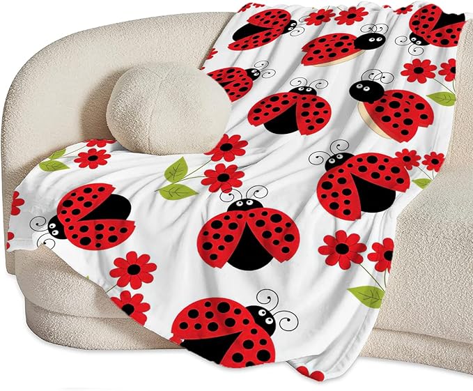 Ladybug Blanket, Lady Bug Cartoon Throw Blankets, Flower Green Leaves Fuzzy Plush Blanket Ultra Soft for Animal Lover Gift Kids Teens Women Men Girls Boys Stuff Decor for Bedding Sofas Couch 50"X40"