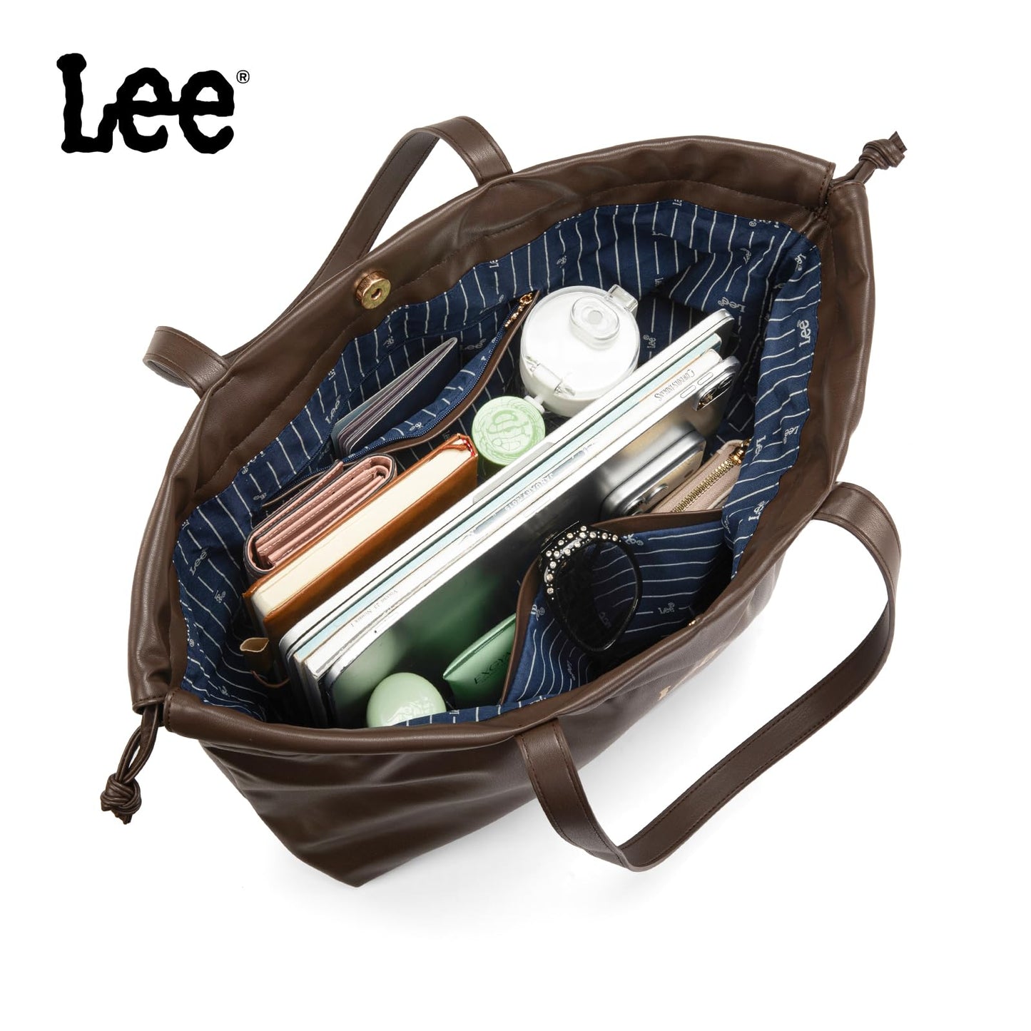 Lee Leather Tote Bag for Women, Spacious Vegan Leather Shoulder Bag & Handbag with Drawstring Closure, Durable Shoulder Straps, Large Capacity Work & Travel Purse, LEE73-001CF