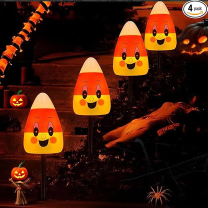 4 Pack Halloween Candy Corn Pathway Marker Lights with C7 Clear Bulbs, 7Ft Candy Night Light with 4 Stakes, Extendable Waterproof Pathway Decor for Yard Porch Lawn Pathway Garden