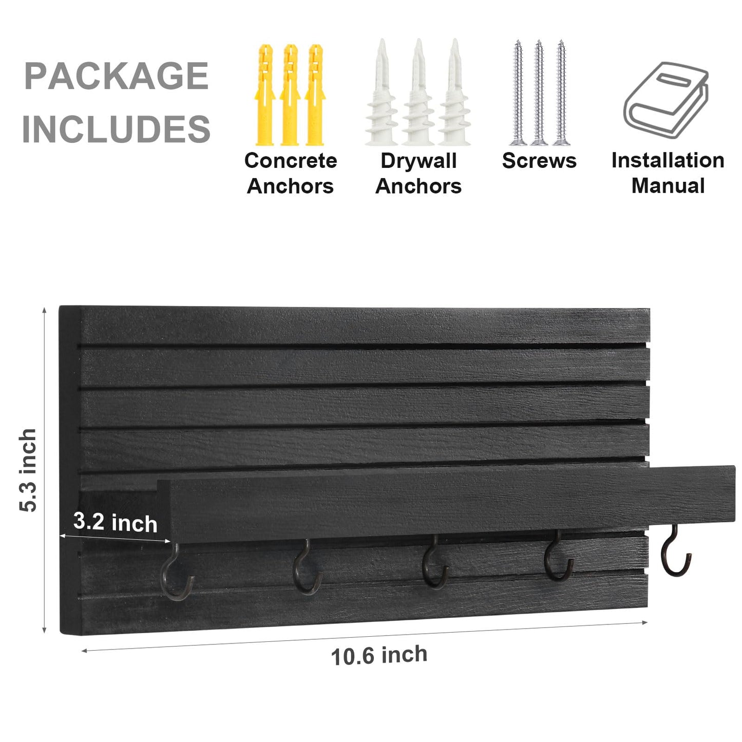 Lwenki Decorative Key Holder for Wall with Shelf, Entryway Shelf with Hooks Holds Leashes, Jackets and Glasses – Sturdy Wood Keyholder Entrance Hanger with Mounting Hardware (Black, Medium)