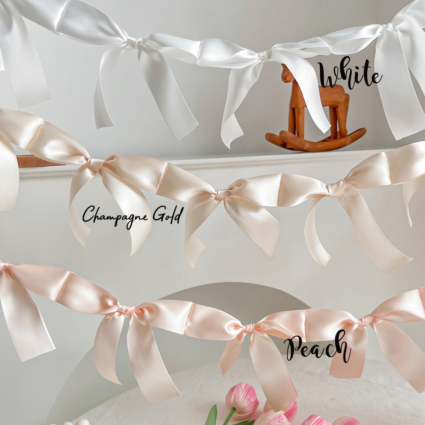 Eanjia Peach Bow Garland Pre-Assembled | 6ft Silk Satin Bow Banner for Coquette Bachelorette Party, Soft Blush Baby Shower,Bridal Shower Wedding Baby Room Bed Decor (Peach, 6ft)