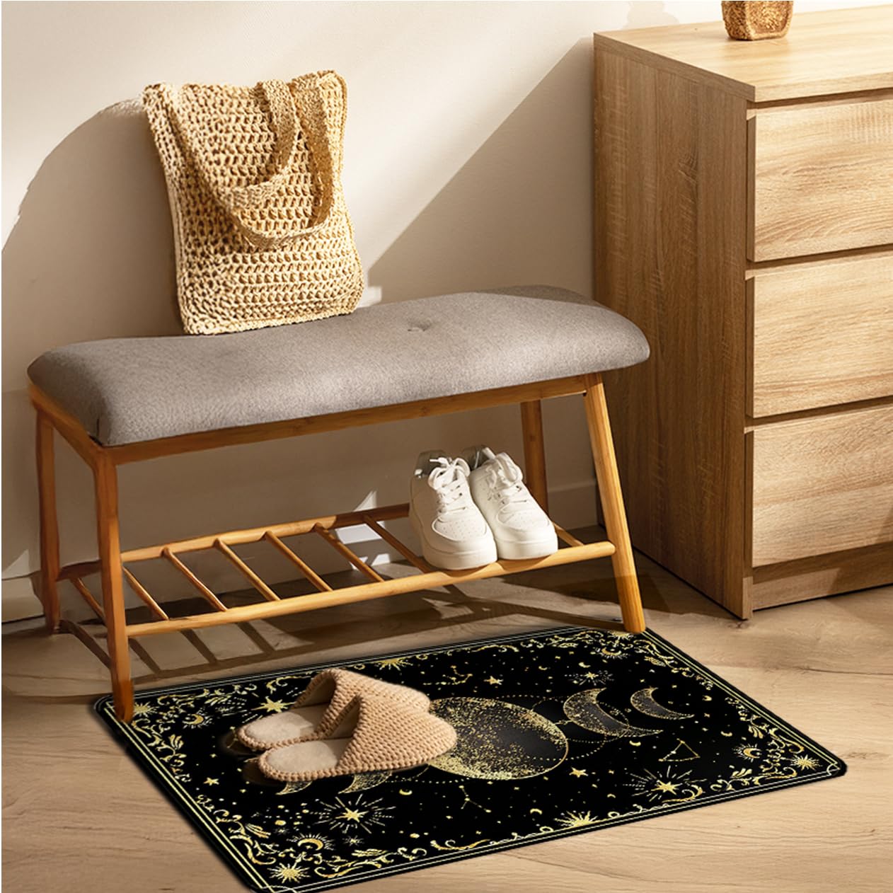 WARDOS Mystical Gold Boho Triple Moon Door Mat, Witchy Celestial Sun and Moon Astrology Doormats for Front Door Outdoor Indoor Entrance Entryway, Witch Stars Aesthetic Area Rug Bath Mats, 17x30 Inch