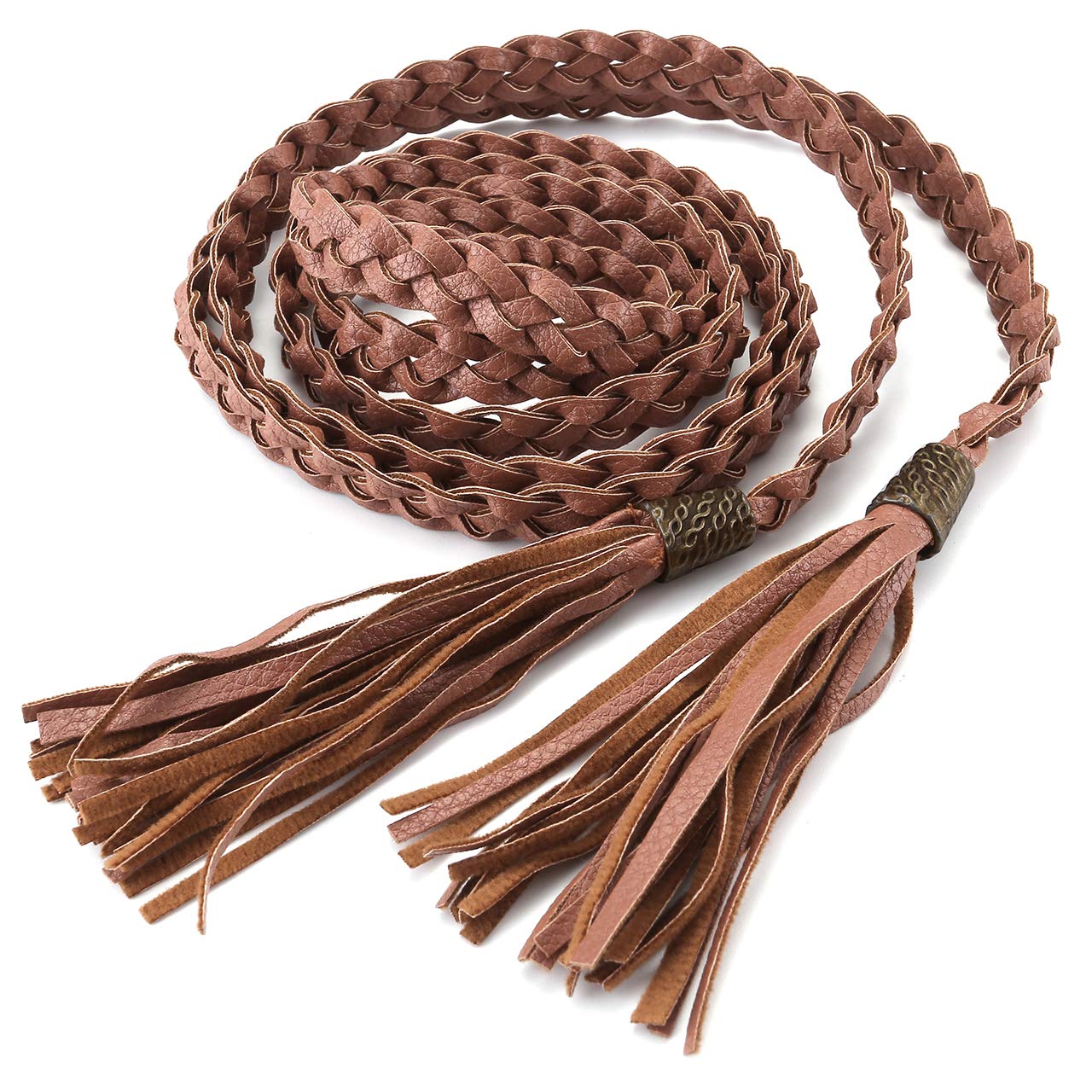 CHIC DIARY Women's Tassel Braided Rope Belt PU Leather Waist Belt Thin Woven Boho Waistband For Dress Jeans (E-2pcs)