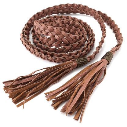 CHIC DIARY Women's Tassel Braided Rope Belt PU Leather Waist Belt Thin Woven Boho Waistband For Dress Jeans (E-2pcs)