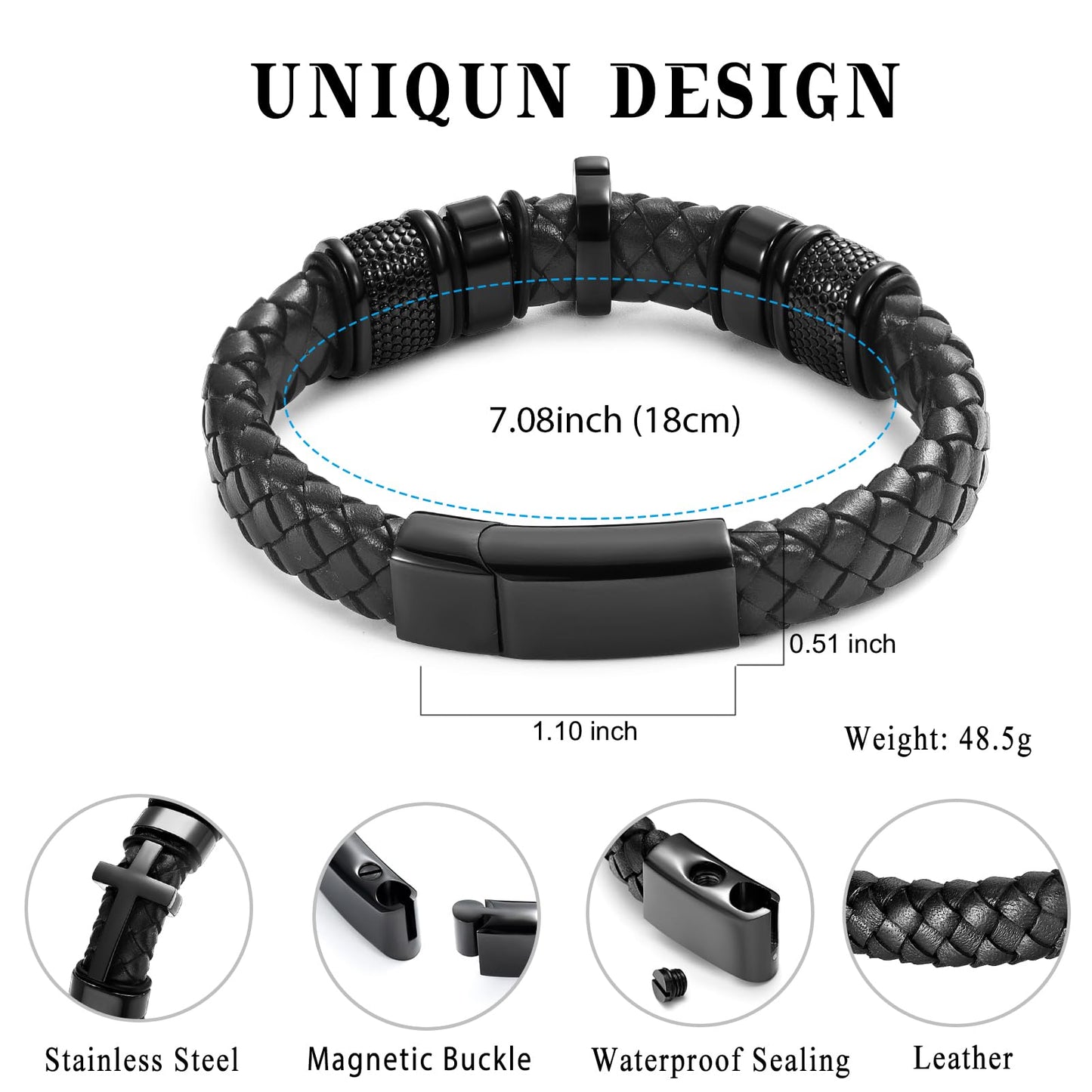 Minicremation Cross Cremation Jewelry Urn Bracelet for Ashes Genuine Leather for Women Men Keepsake Memorial Cuff Bangle Braided Wristband Bracelet for Men (Black-A, 18cm/7.08")