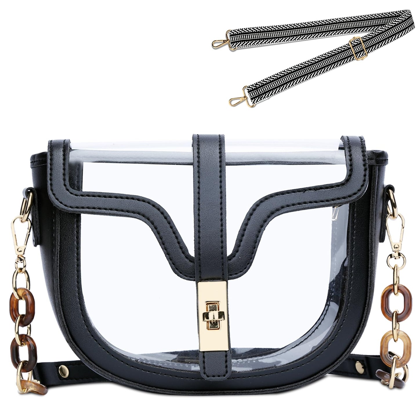 KKXIU Clear Crossbody Bag for Women Stadium Approved Vegan Leather Concert Shoulder Sports See-Through Purse (Black)