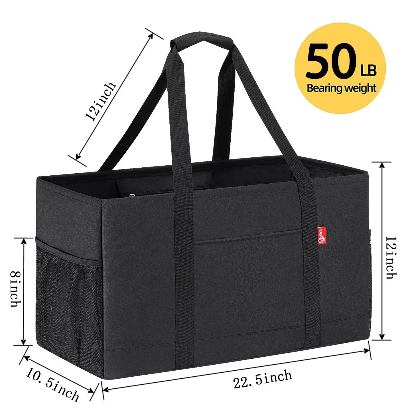 RVSNQ Extra Large Utility Tote Bag, Foldable Reusable Grocery Bags with Metal Wire Frame & Reinforced Bottom Board, Stand Up Large Utility Tote for Shopping, Beach Bag, Laundry, Car (Black)