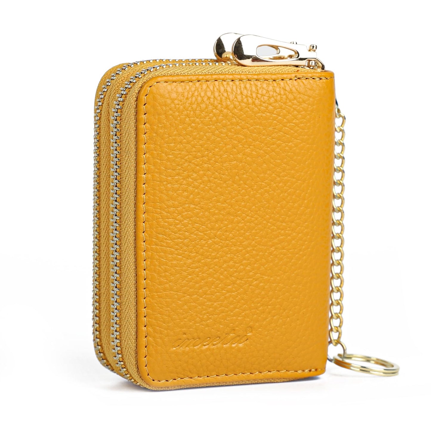 imeetu RFID Credit Card Wallet, Genuine Leather Zipper Card Case Holder with Removable Keychain(Max - Yellow)