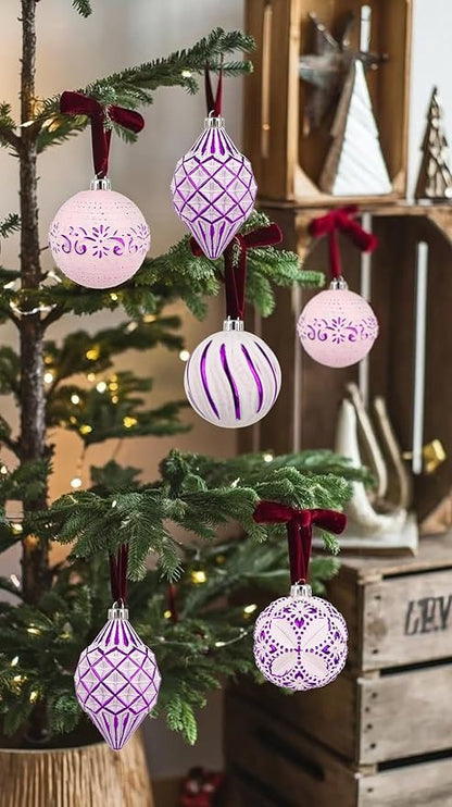16PCS Shatterproof Christmas Ball Ornaments Set, Hand-Painted Holiday Decor with Assorted Sizes & Designs for Christmas Tree Thanksgiving Party Decoration, Purple-White