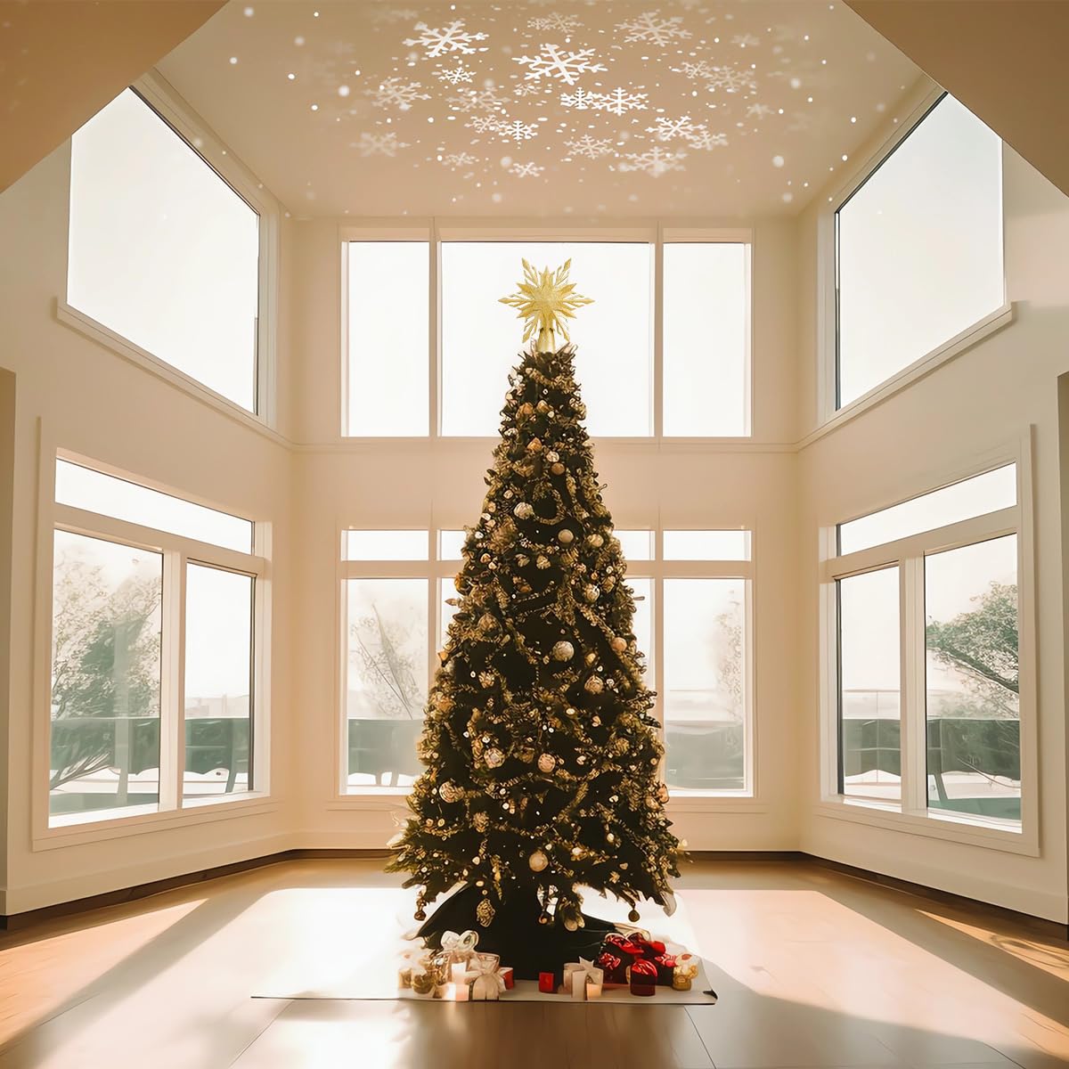 Christmas Star Tree Topper Lighted with Led Snowflake Projection, Christmas Tree Topper Star with Built-in LED Rotating 3D Projector Lights, Christmas Decoration for Family Office Indoor (Gold)