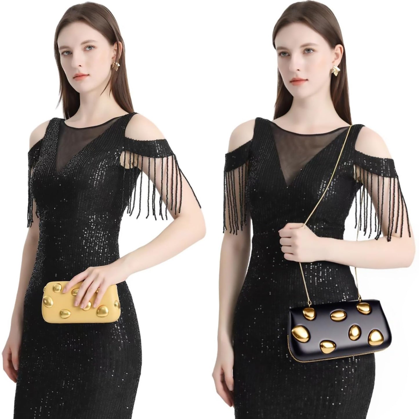 louceko PU Leather Handbag Detachable Chain Crossbody Shoulder Evening Bag Clutch Purse for Women Formal Wedding Party Prom, Black, 2509B