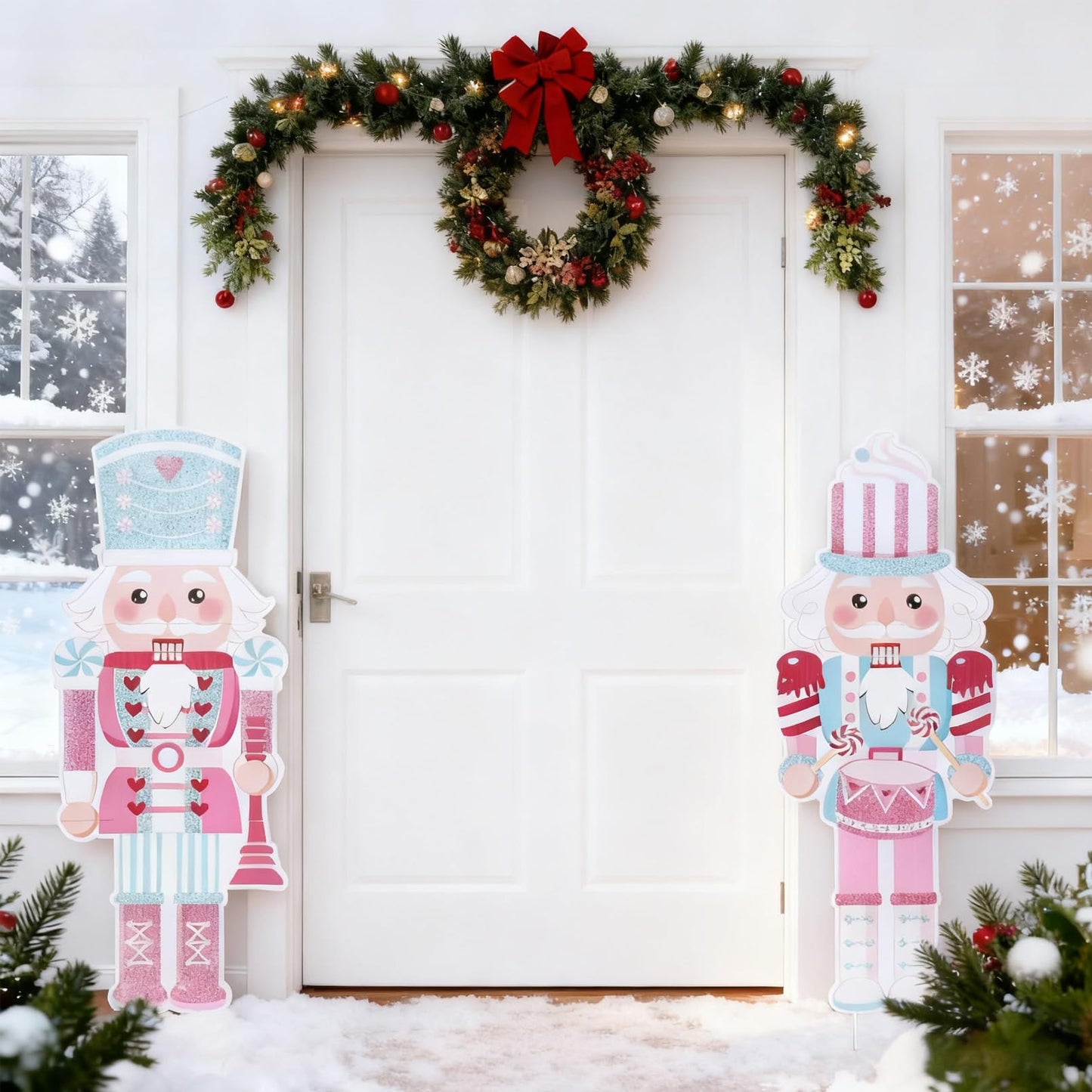 GOLDCROW 2 Pcs Nutcracker Yard Stakes, Christmas Nutcracker Porch Sign, Pink Christmas Yard Decorations for Lawn, Garden, Outdoor Xmas Winter Holiday Party Supplies