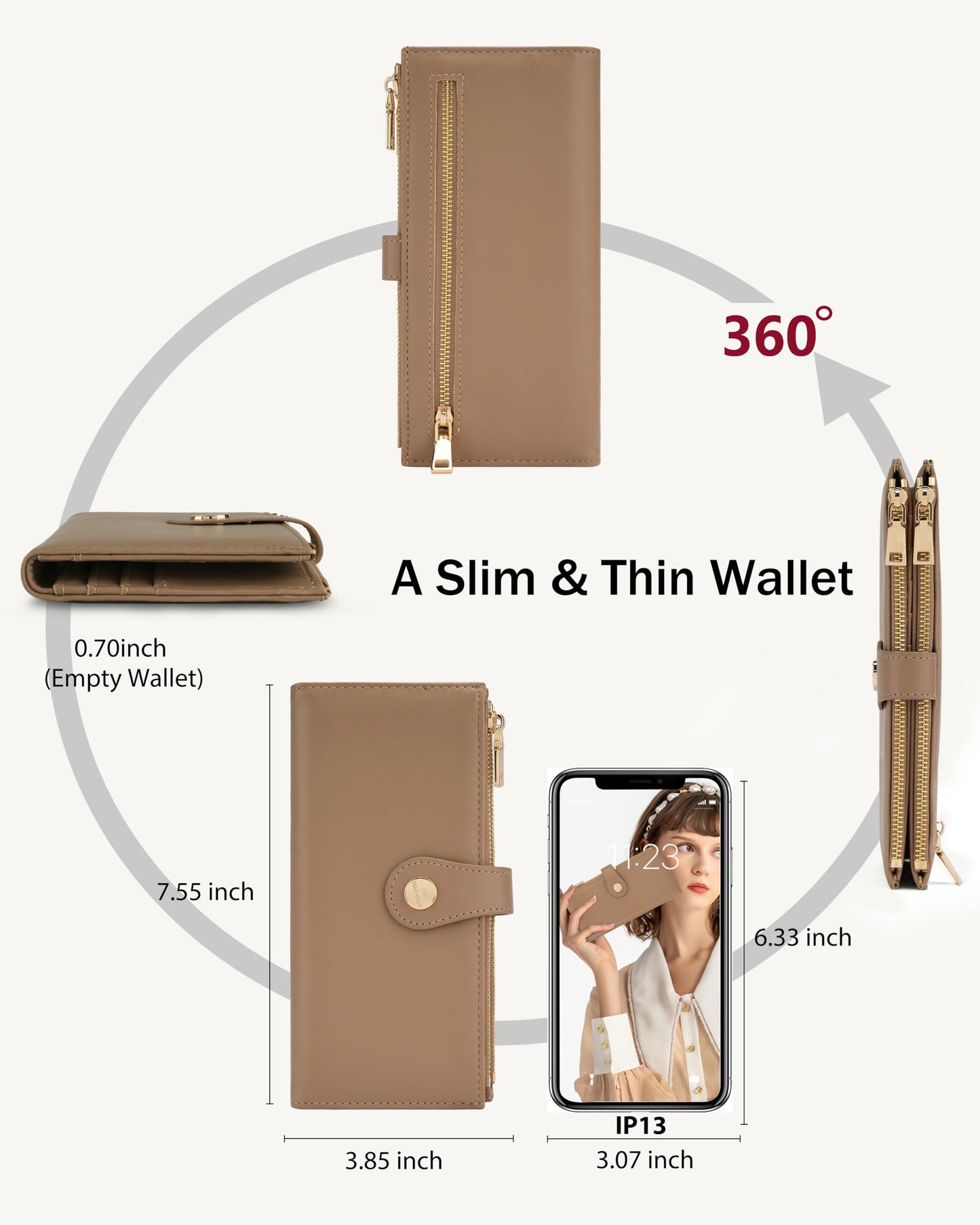 Sunpour Women’s Wallet,Thin RFID Blocking Leather Wallet for Women Credit Card Holder Travel Wallet with Zipper Pocket (Camel)