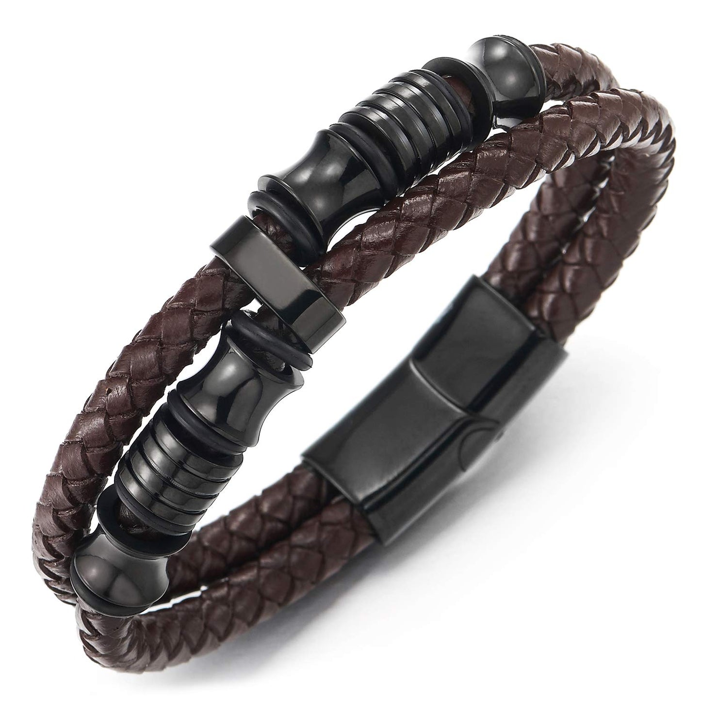 COOLSTEELANDBEYOND Mens Brown Braided Leather Bracelet with Black Stainless Steel Charms, Double Strand Wrap Wristband