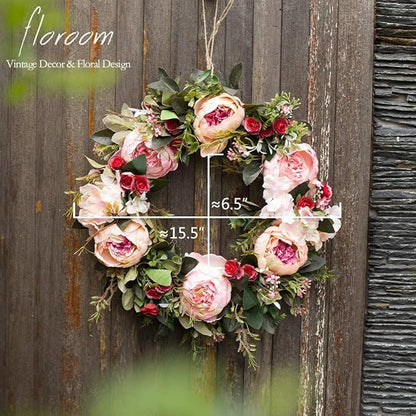 Floroom Floral Wreath, Artificial Peony Wreath, 15"-16" Front Door Decorations Wall Decor