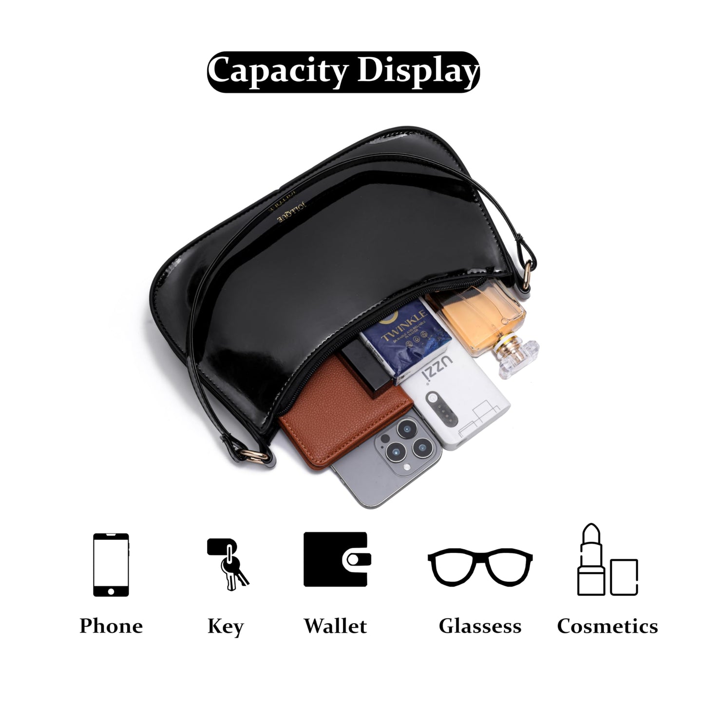 JOLLQUE Small Shoulder Bag for Women, Small Under the Arm Patent Leather Purses, Mini Purse Clutch Y2k Jelly Handbag Zipper Square Satchel Crossbody Bags(Black)